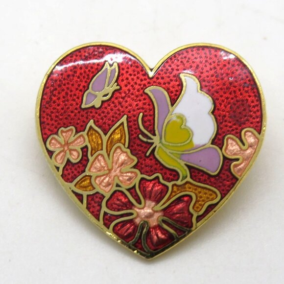 Cloisonne Brooch Heart Shaped Floral Enamel 1" Pin Butterfly Red Gold Tone - Picture 3 of 8
